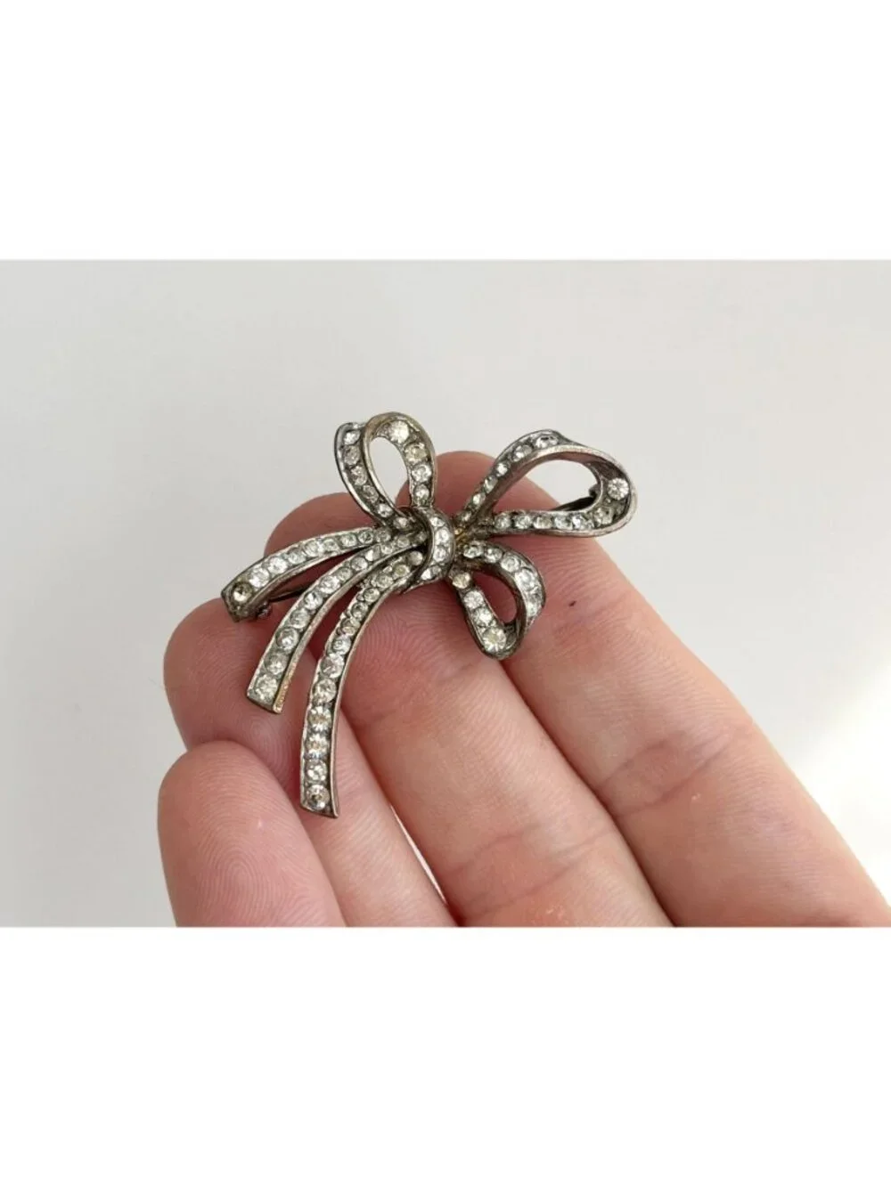 Ribboned Bow Rhinestone Accented Sterling Silver 925 Vintage Brooch | Lapel Pin